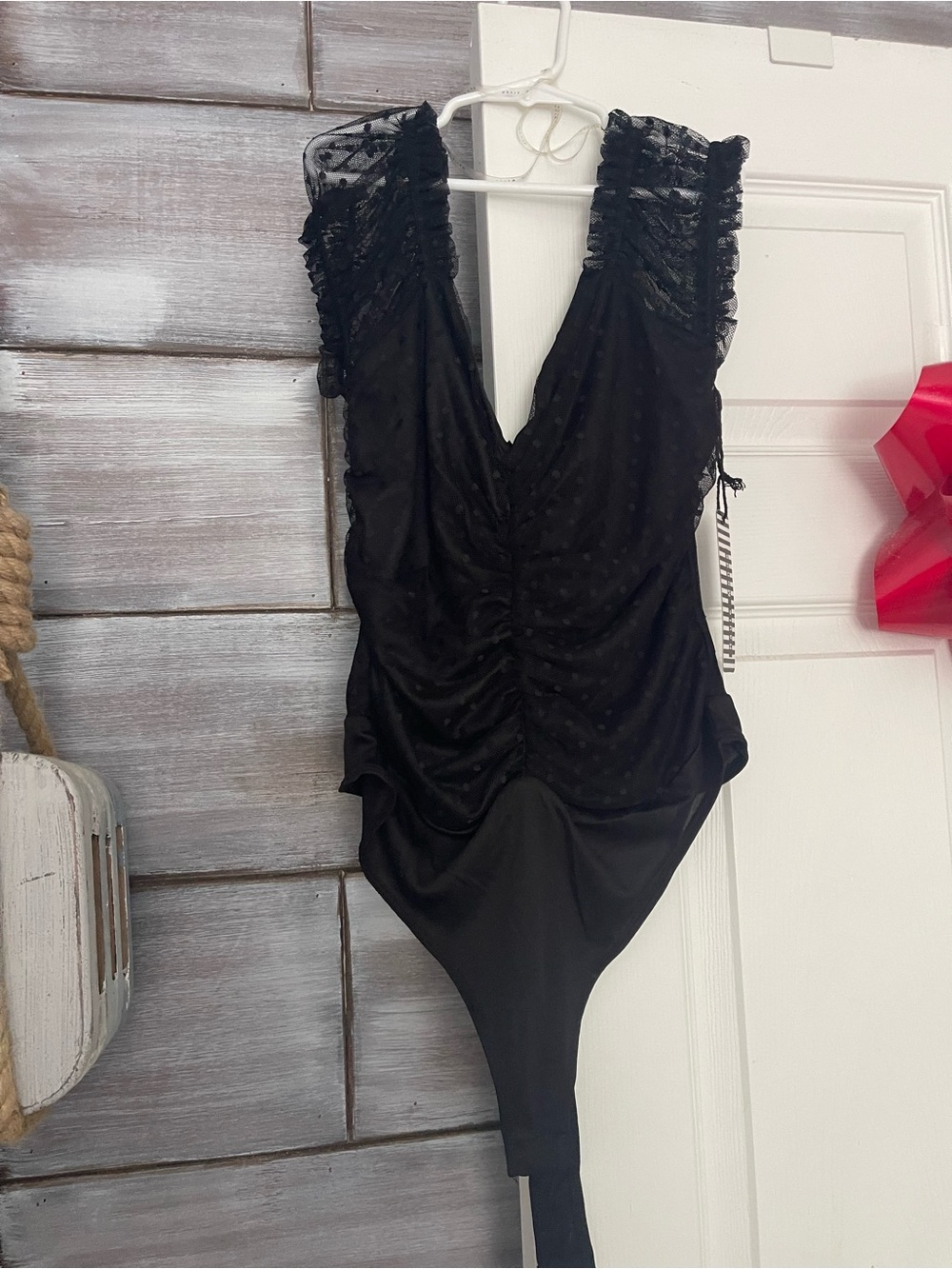 Black Ruffle Sleeve Sheer Dot V-Neck Bodysuit